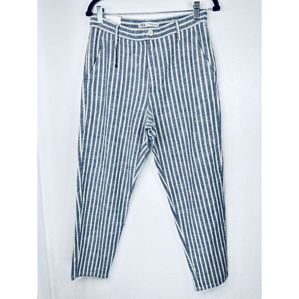 NWT Zara Carrot Fit Cotton Blue And White Stripe Coastal Pants Size 29